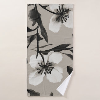 Black Grey White Vintage Monochrome Floral Bath Towel Set