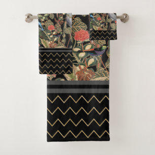 Black, Grey with Bird Scene Bath Towel Set