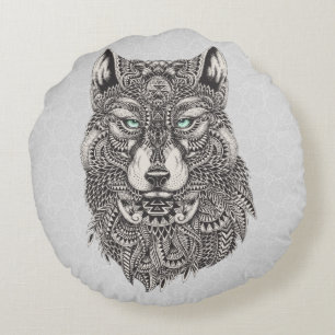 Black & Grey Wolf head Illustration Round Cushion