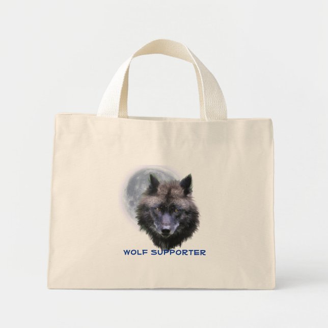 Black GREY WOLF & MOON Wolf Supporter Art Mini Tote Bag (Front)