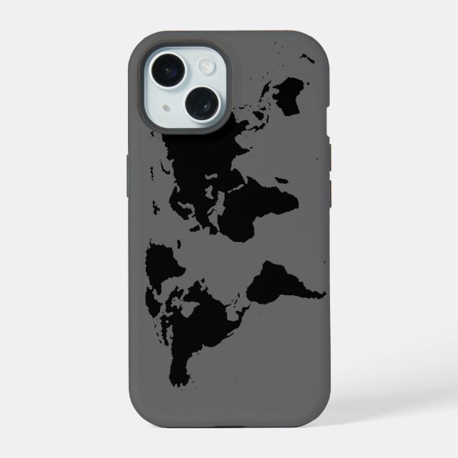 Black Grey World Map iPhone 15 Case (Back)