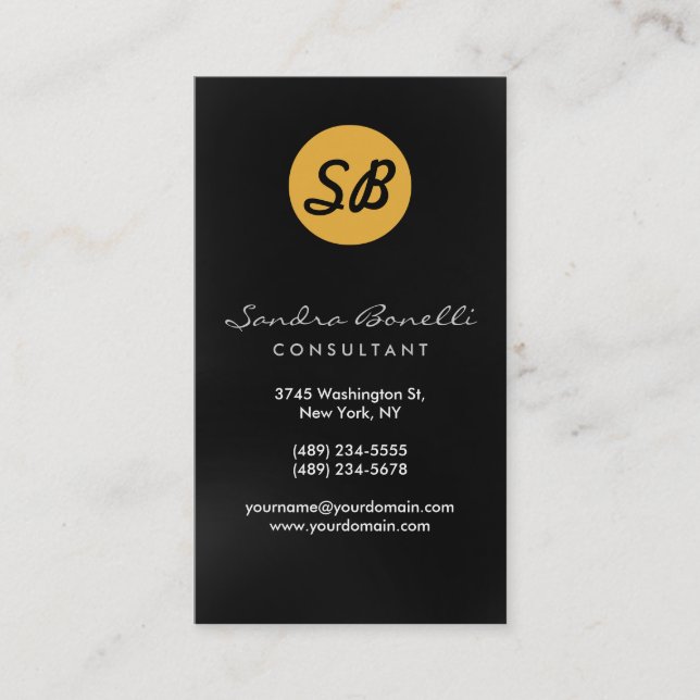 Black Grey Yellow Monogram Business Card (Front)
