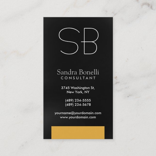 Black Grey Yellow Monogram Business Card (Front)