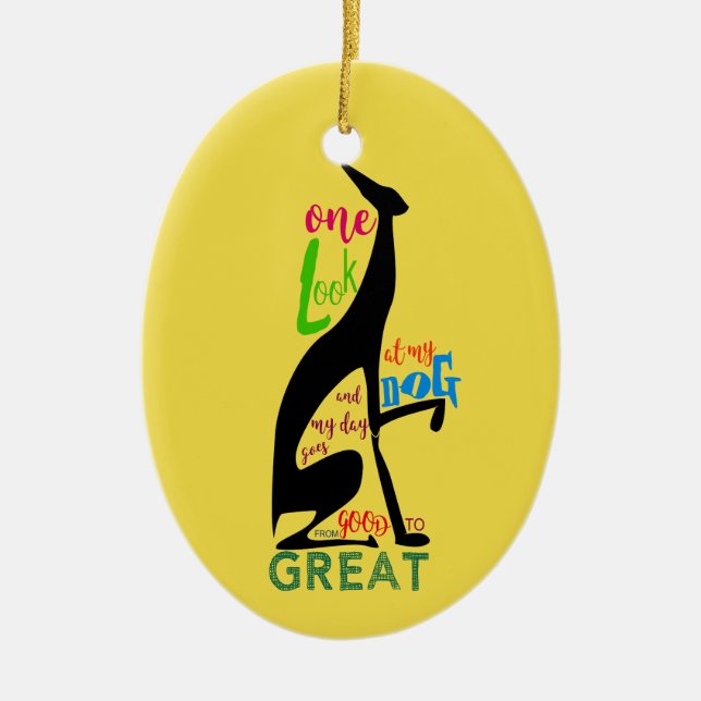 Black Greyhound Dog Silhouette Yellow Ceramic Tree Decoration (Front)