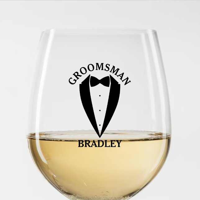 Black Groomsman Name Wedding Bachelor Party Stemless Wine Glass (Black Groomsman Name Wedding Bachelor Party Stemless Wine Glass)
