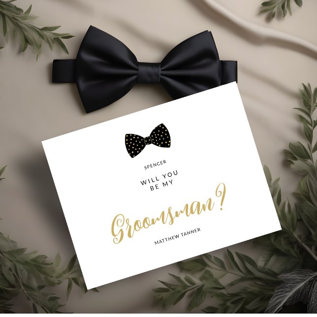 Black Groomsman Vintage Bow Wedding Proposal Postcard (Cute Black & Faux Gold Polka Dots Vintage Bow Tie Groomsman Wedding Proposal Postcard. )