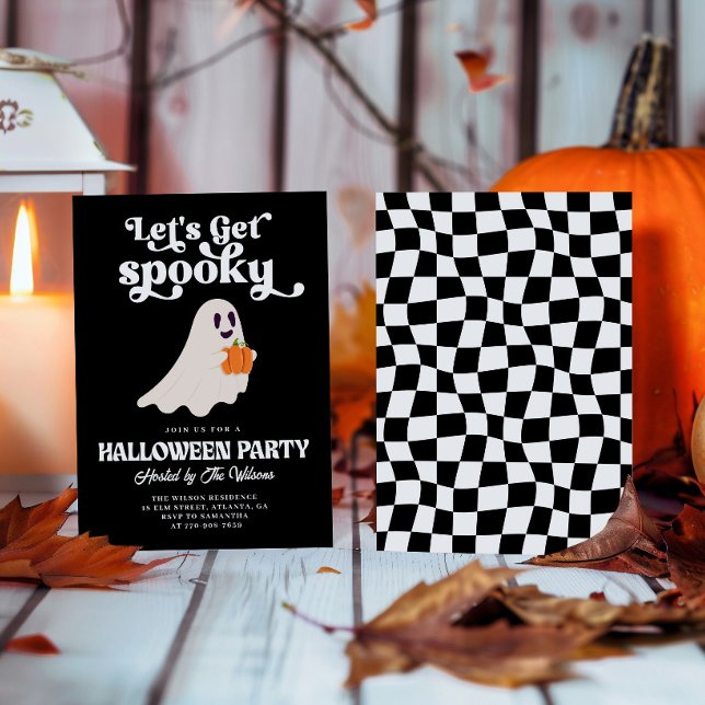 Black Groovy Ghost Let's Get Spooky Halloween Invitation (Creator Uploaded)