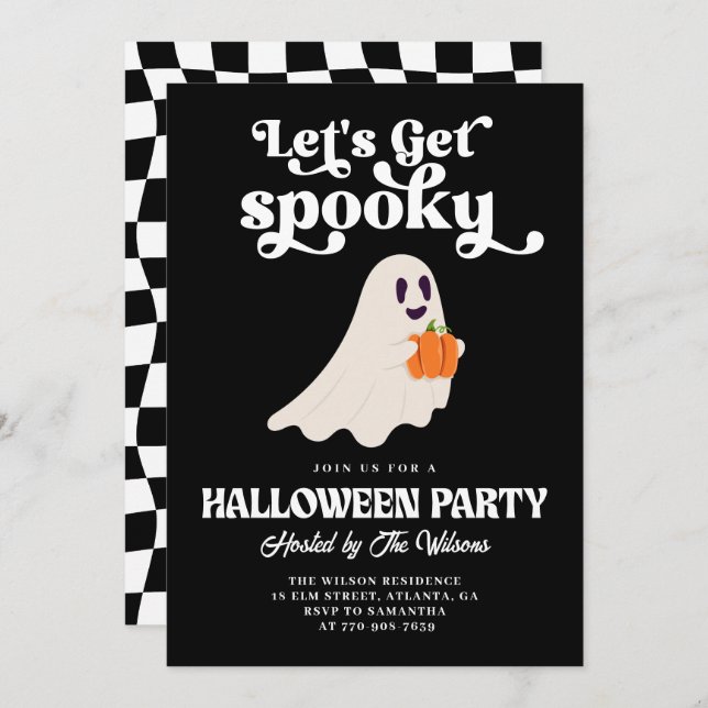 Black Groovy Ghost Let's Get Spooky Halloween Invitation (Front/Back)