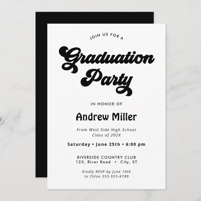Black Groovy retro Graduation Party Invitation (Front/Back)