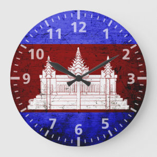 Black Grunge Cambodia Flag Large Clock
