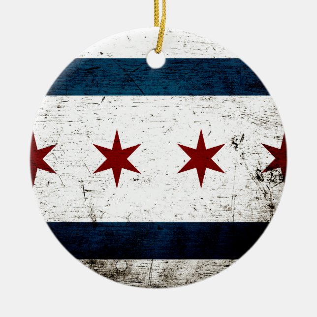 Black Grunge Chicago Flag Ceramic Tree Decoration (Front)