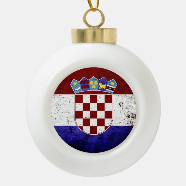 Black Grunge Croatia Flag Ceramic Ball Christmas Ornament (Front)