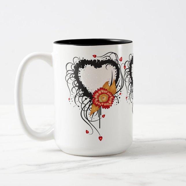 Black Grunge Heart Sunflower Two-Tone Coffee Mug (Left)