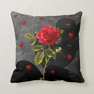 Black Grunge Hearts with Red Rose Cushion