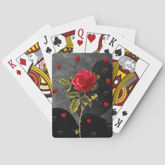 Black Grunge Hearts with Red Rose Playing Cards (Back)