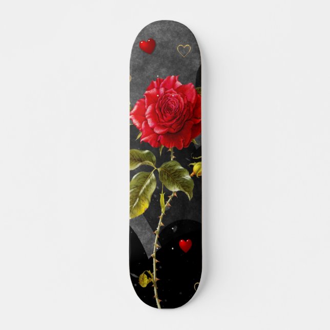Black Grunge Hearts with Red Rose Skateboard (Front)