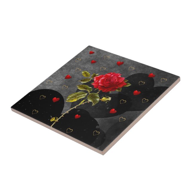 Black Grunge Hearts with Red Rose Tile (Side)