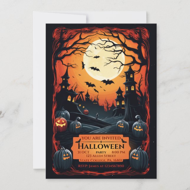 BLACK GRUNGE ILLUSTRATED HALLOWEEN PARTY INVITATION (Front)