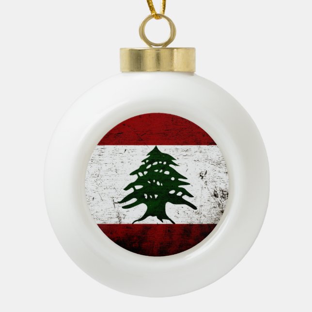 Black Grunge Lebanon Flag Ceramic Ball Christmas Ornament (Front)