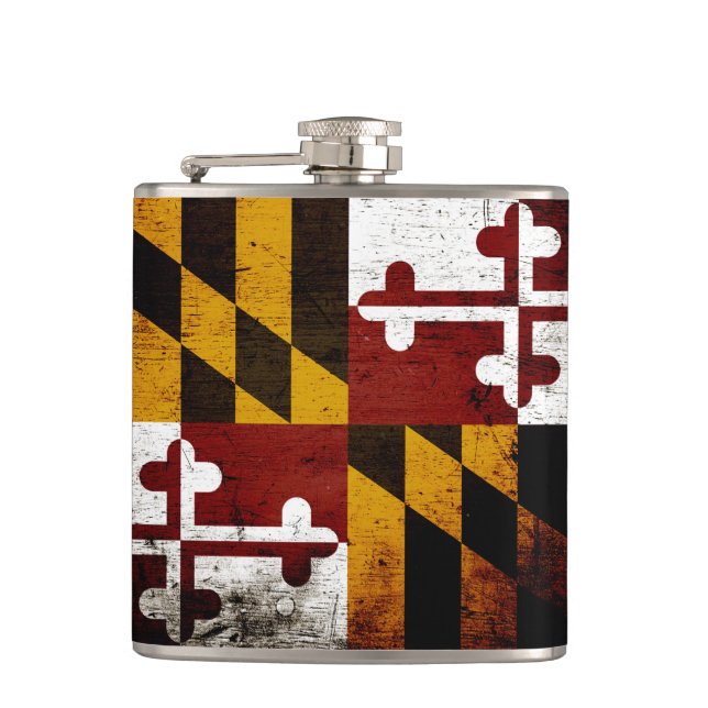 Black Grunge Maryland State Flag Hip Flask (Front)