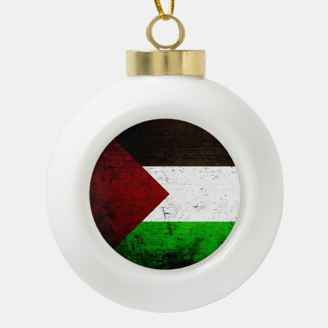 Black Grunge Palestine Flag Ceramic Ball Christmas Ornament (Front)