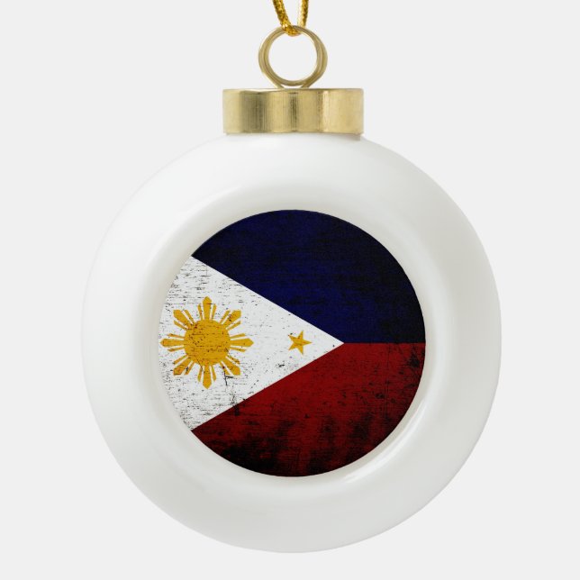 Black Grunge Philippines Flag Ceramic Ball Christmas Ornament (Front)