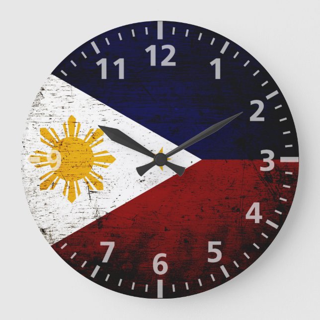 Black Grunge Philippines Flag Large Clock (Front)