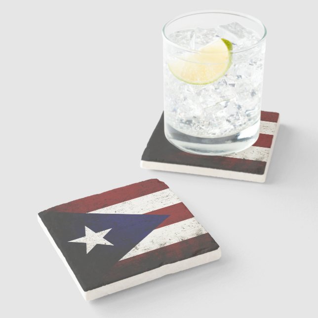 Black Grunge Puerto Rico Flag Stone Coaster (Side)