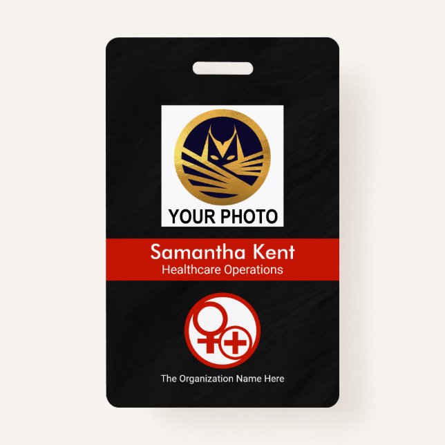 Black Grunge Red Stripe Photo Template Healthcare ID Badge (Front)