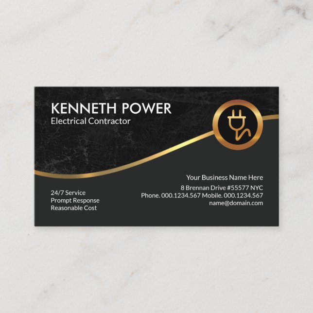 Black Grunge Royal Gold Wave Electrical Contractor Business Card (Front)