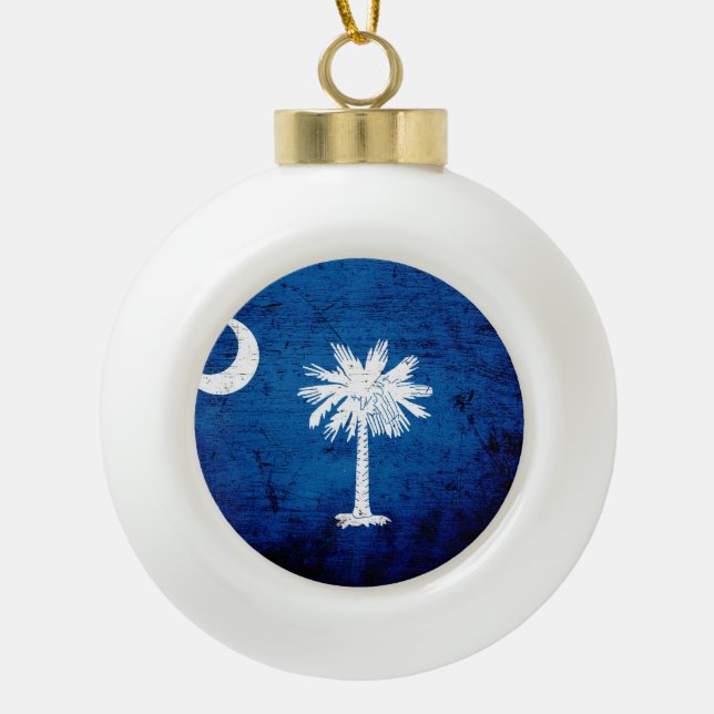 Black Grunge South Carolina State Flag Ceramic Ball Christmas Ornament (Front)