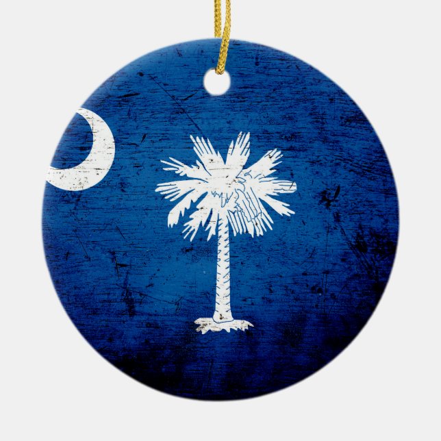Black Grunge South Carolina State Flag Ceramic Tree Decoration (Front)