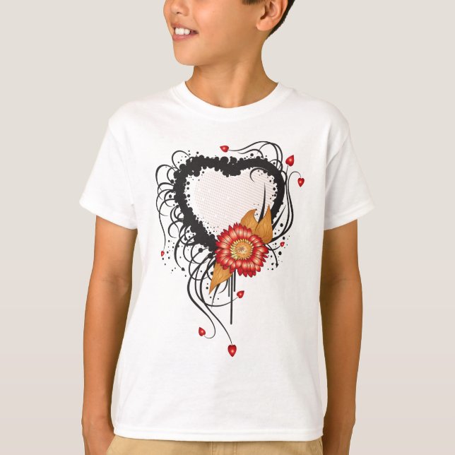 Black Grunge Style Heart and Flower T-Shirt (Front)