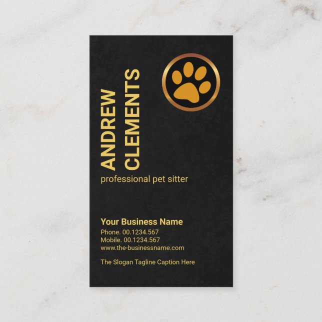 Black Grunge Texture Gold Paw Pet Sitter Business Card (Front)