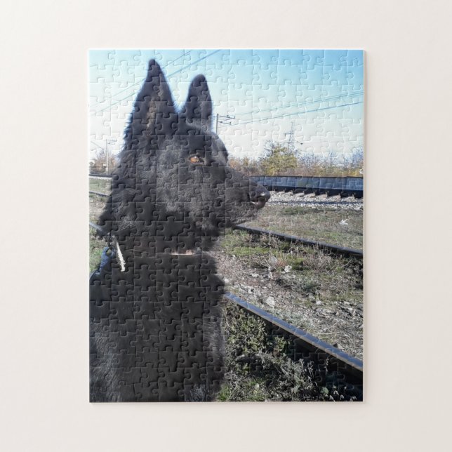 Black GSD with Train Tracks Jigsaw Puzzle (Vertical)