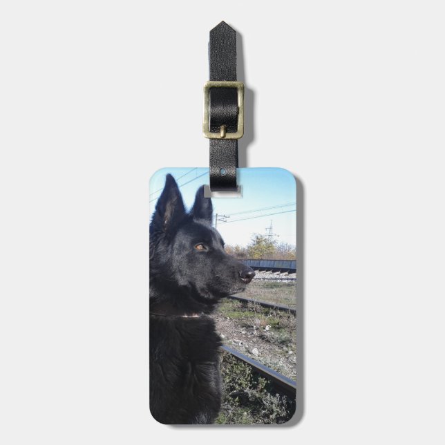 Black GSD with Train Tracks Luggage Tag (Front Vertical)