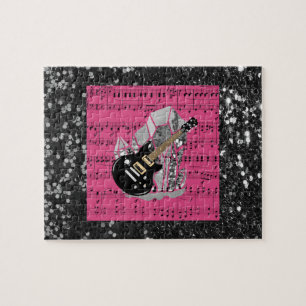 Black Guitar Pink Sheet Music Jigsaw Puzzle