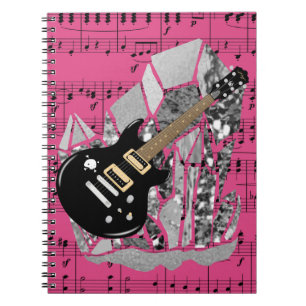 Black Guitar Pink Sheet Music Silver Crystal Notebook
