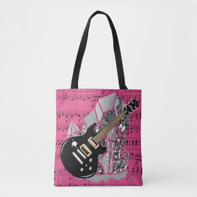 Black Guitar Pink Sheet Music Silver Crystal Tote Bag (Front)