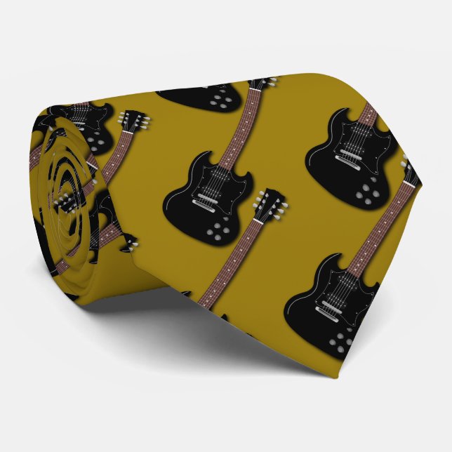 Black Guitars on Gold Musician Band Member Tie (Rolled)