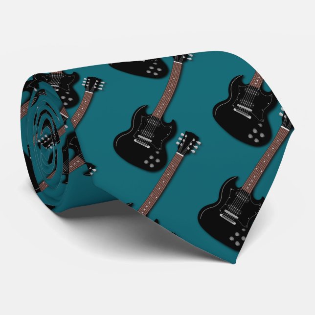 Black Guitars on Teal Musician Band Member Tie (Rolled)