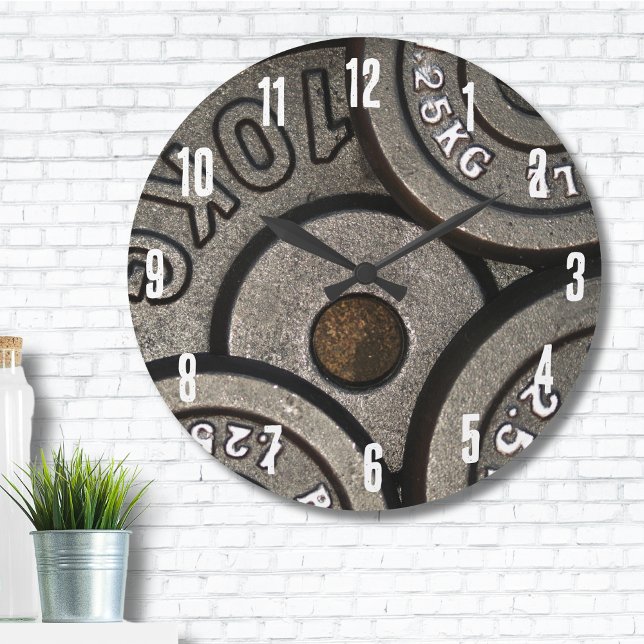 Black Gym Weights Fitness Large Clock (Gym Workout Fitness Weight Plates Weightlifting Large Clock)