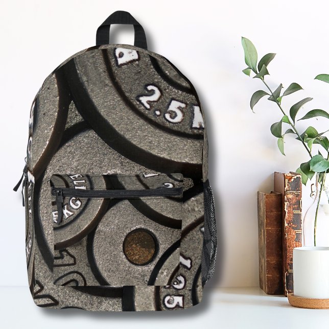 Black Gym Weights Fitness Printed Backpack (Modern Abstract Black Weight Gym Weightlifting Printed Backpack)