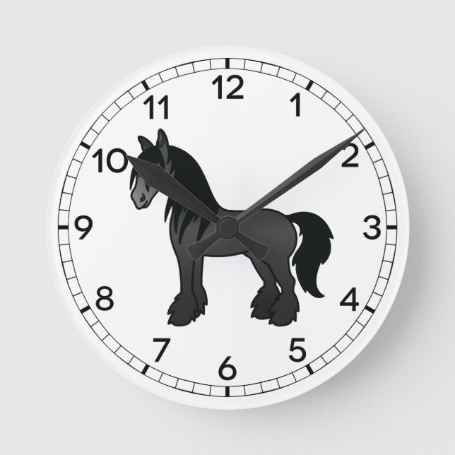 Black Gypsy Vanner Clydesdale Shire Cartoon Horse Round Clock (Front)