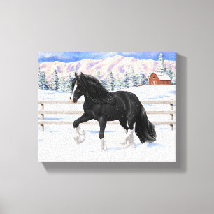Black Gypsy Vanner Irish Cob Draught Horse In Snow Canvas Print