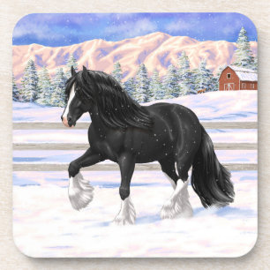 Black Gypsy Vanner Irish Cob Draught Horse In Snow Coaster
