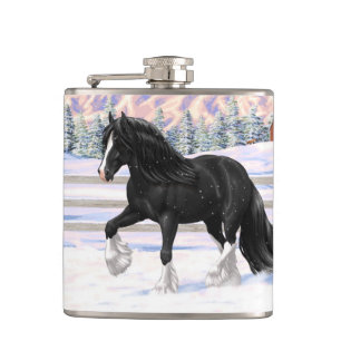 Black Gypsy Vanner Irish Cob Draught Horse In Snow Hip Flask