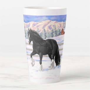 Black Gypsy Vanner Irish Cob Draught Horse In Snow Latte Mug