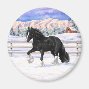 Black Gypsy Vanner Irish Cob Draught Horse In Snow Magnet
