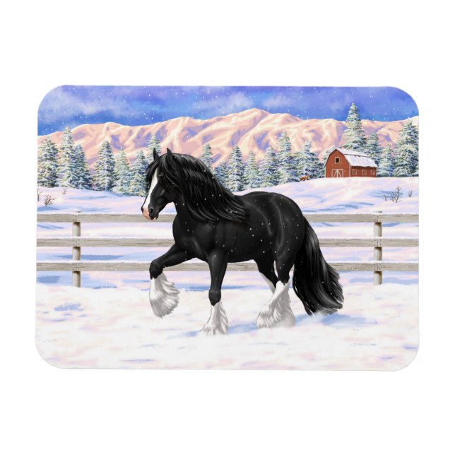 Black Gypsy Vanner Irish Cob Draught Horse In Snow Magnet (Horizontal)